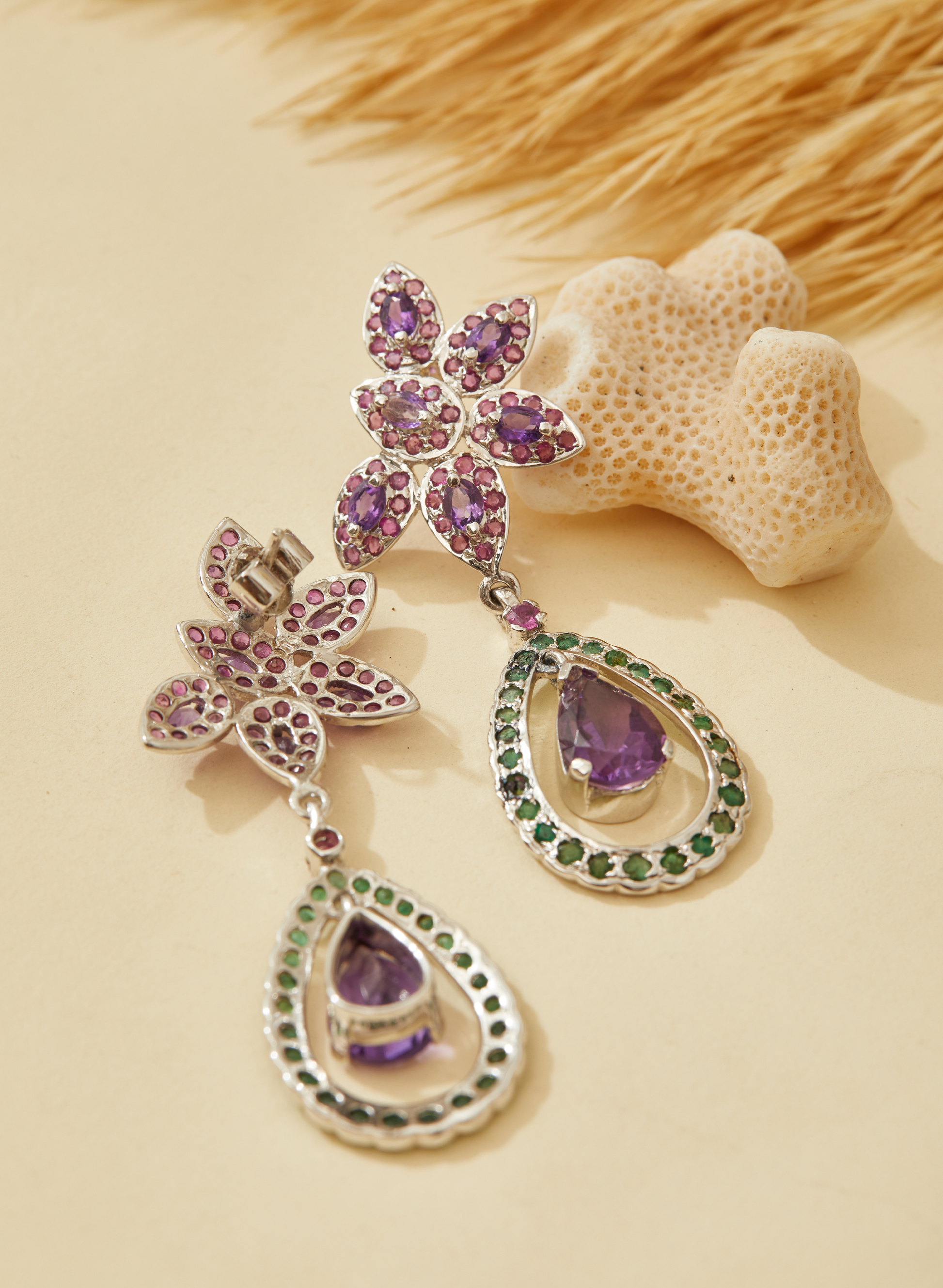 Aurora Chandelier Earrings with Natural Ruby, Amethyst and Emerald - D'vin Jewels